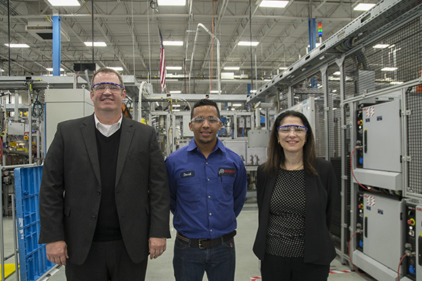(L-R) Wade Williams from Tri-ED, trainee David Navarrete and Mary Grace Cassar from Bosch