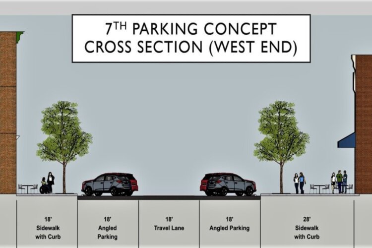 One design concept proposes angled parking and expanded sidwalks.