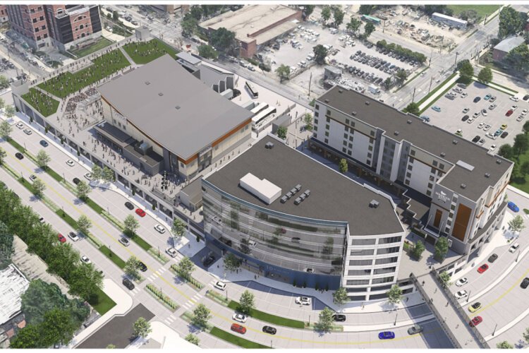 A rendering of Phase II of Ovation, with Ovation Pavilion, upper left, and an office complex and hotel behind.