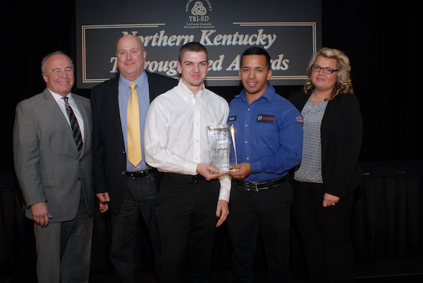 Accepting NKY FAME's special award were (L-R) Bob Hoffer, DBL; Drew Farris and Sam Loehrke, Mubea; David Navarrete, apprentice with Bosch; and Brittany Banar, Mubea