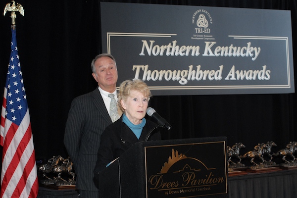 Covington Mayor Sherry Carran and Boone County Judge-Executive Gary Moore spoke at the Feb. 17 Thoroughbreds event